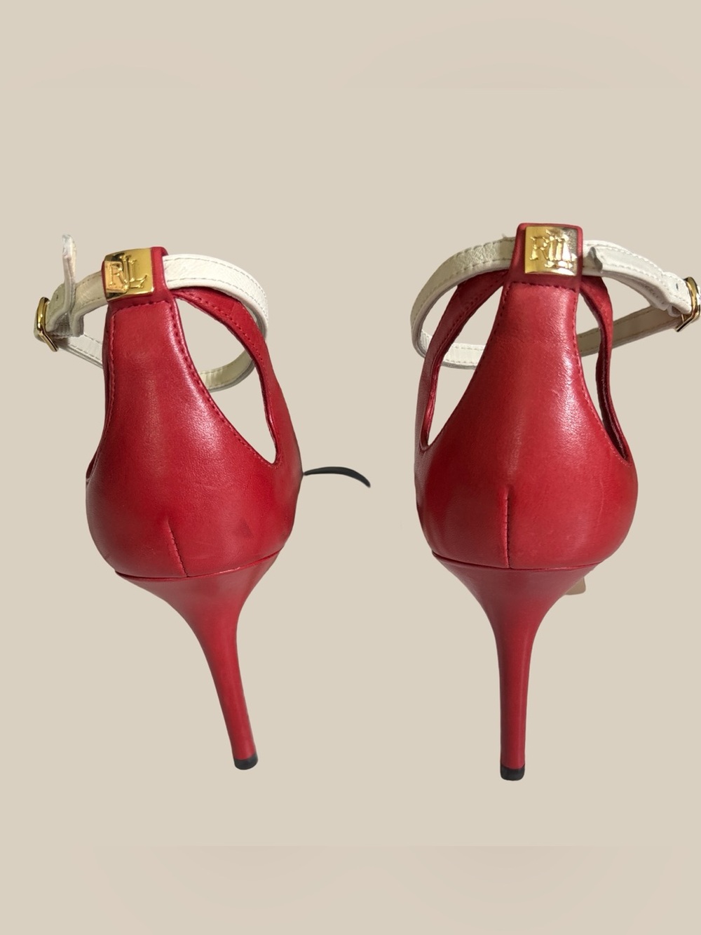 Lauren Ralph Lauren Gretchen Leather Stiletto Ankle Strap Heels Red Black White - Picture 4 of 9